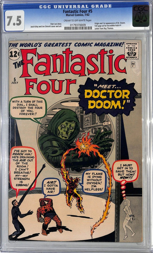 Fantastic Four #5 CGC 7.5 1962 Origin and 1st appearance of Dr. Doom.  Full page ad for Incredible Hulk #1