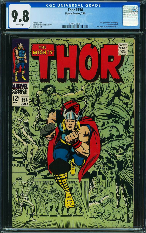 Thor #154 CGC 9.8 White Pages 1st appearance of Mangog.  Ulik appearance.  Half page ad for Silver Surfer #1