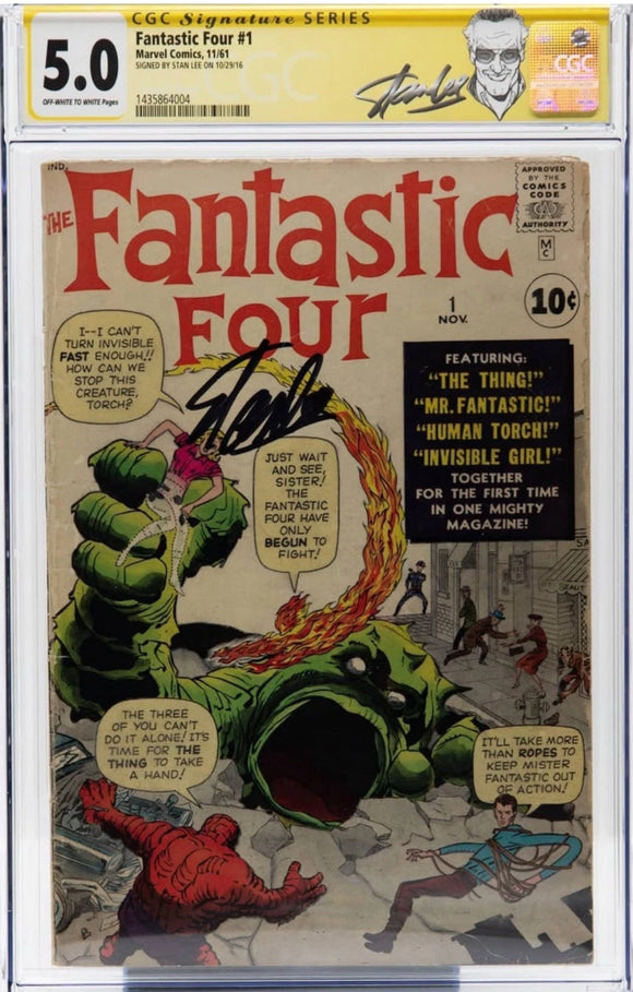 Fantastic Four #1 CGC 5.0 OW-W SS Signed Stan Lee Origin & 1st appearance of the Fantastic
Four (Marvel's 1st super-hero team) & the Mole Man.