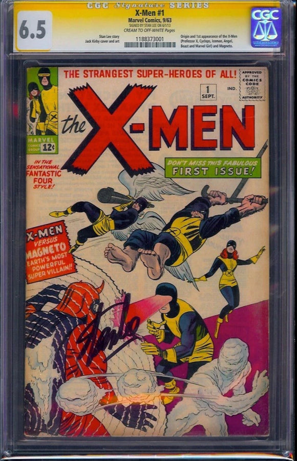 X-Men #1 (1963) CGC 6.5 SS Signed Stan Lee Origin and 1st appearance of the X-Men
(Professor X, Cyclops, Iceman, Angel, Beast and Marvel Girl) and Magneto.