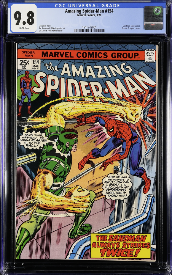 Amazing Spider-Man #154 CGC 9.8 White Pages (1976) Sandman appearance. Doctor Octopus cameo.