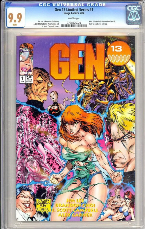 Gen 13 Limited Series #1 CGC 9.9 1st title entirely devoted to Gen 13. Pull-out Gen 13 poster by Jim Lee.