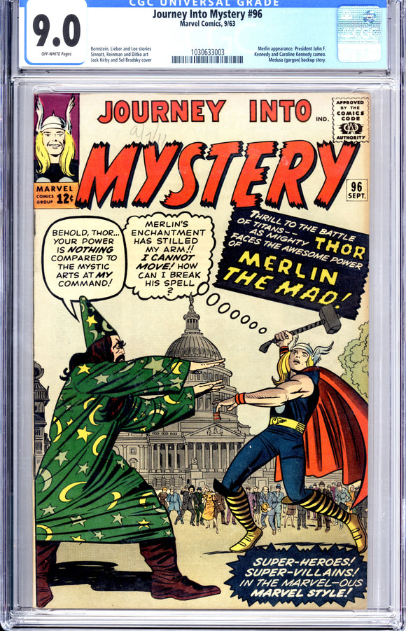 Journey Into Mystery #96 CGC 9.0 Merlin appearance. President John F. Kennedy and Caroline Kennedy cameo. Medusa (gorgon) backup story.