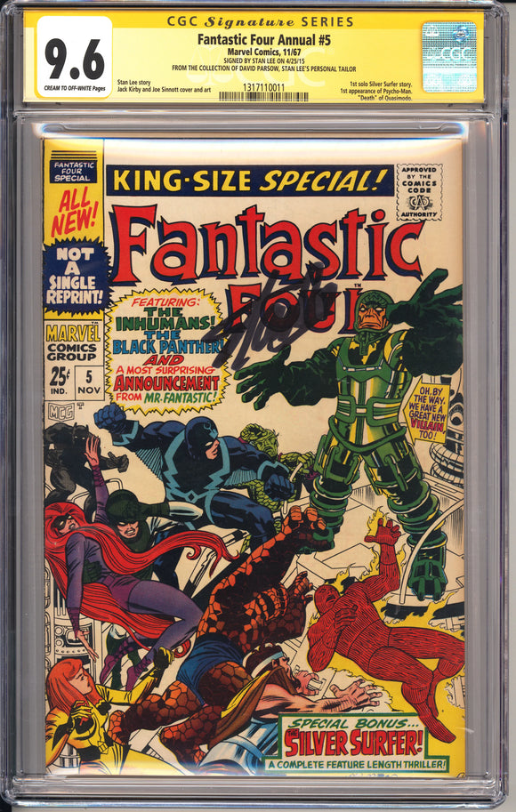 Fantastic Four Annual #5 CGC 9.6 (1967) SS signed by Stan Lee 1st solo Silver Surfer story. 1st appearance of Psycho-Man. 